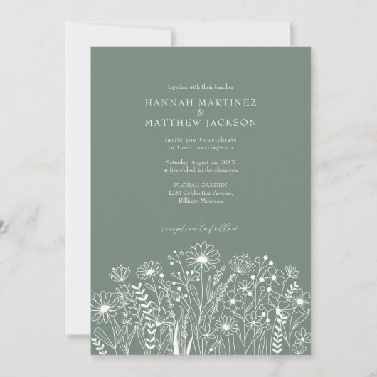 Elegante Moderne Wildbloemen Sage Groene Bruiloft Kaart (Voorkant)