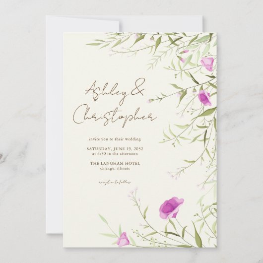 Elegante moderne wilde bloem off-white bruiloft kaart (Voorkant)