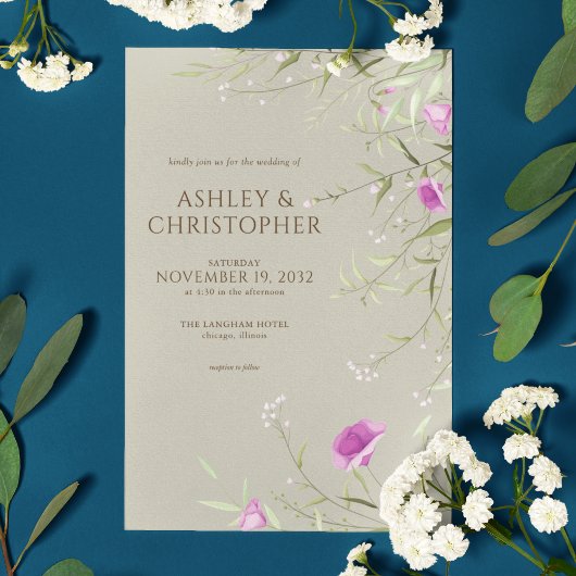 Elegante moderne Wildflower Taupe bruiloft Kaart