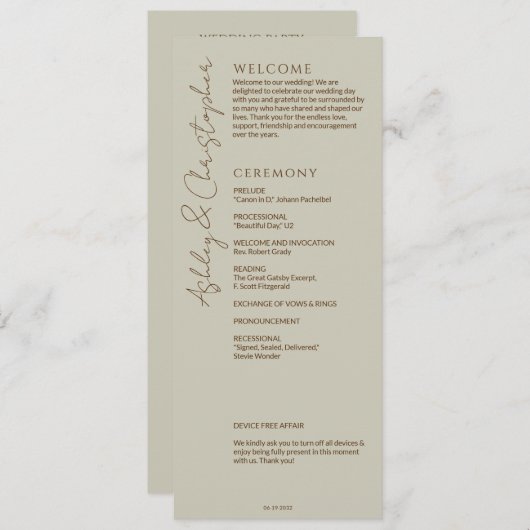 Elegante moderne Wildflower Taupe bruiloft Programmakaart (Voorkant / Achterkant)