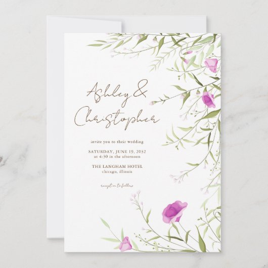 Elegante Moderne Wildflower Wit & Bronzen Bruiloft Kaart (Voorkant)