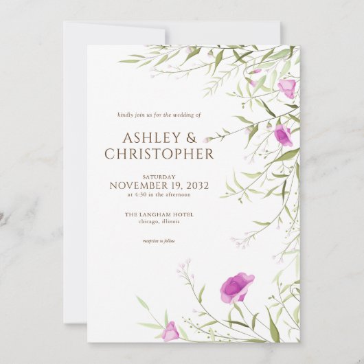 Elegante Moderne Wildflower Wit & Bronzen Bruiloft Kaart (Voorkant)