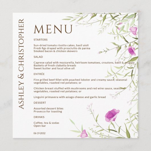 Elegante Moderne Wildflower Wit & Bronzen Bruiloft Menu (Voorkant)