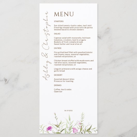 Elegante Moderne Wildflower Wit & Bronzen Bruiloft Menu (Voorkant)