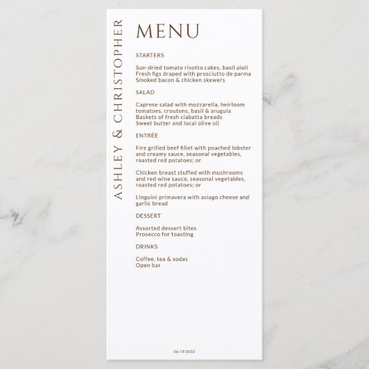 Elegante Moderne Wildflower Wit & Bronzen Bruiloft Menu (Voorkant)