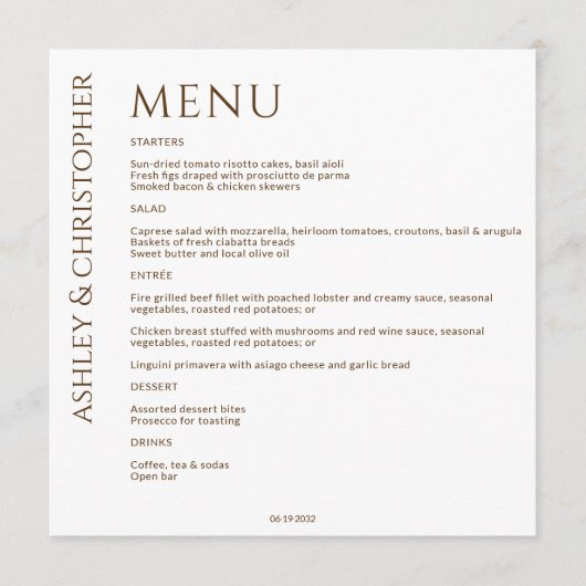 Elegante Moderne Wildflower Wit & Bronzen Bruiloft Menu (Voorkant)