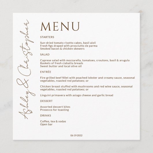 Elegante Moderne Wildflower Wit & Bronzen Bruiloft Menu (Voorkant)