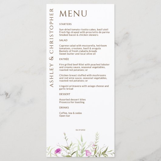 Elegante Moderne Wildflower Wit & Bronzen Bruiloft Menu (Voorkant)
