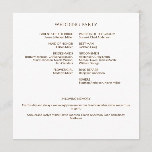 Elegante Moderne Wildflower Wit & Bronzen Bruiloft Programmakaart (Achterkant)