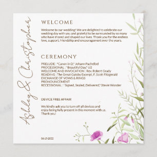 Elegante Moderne Wildflower Wit & Bronzen Bruiloft Programmakaart