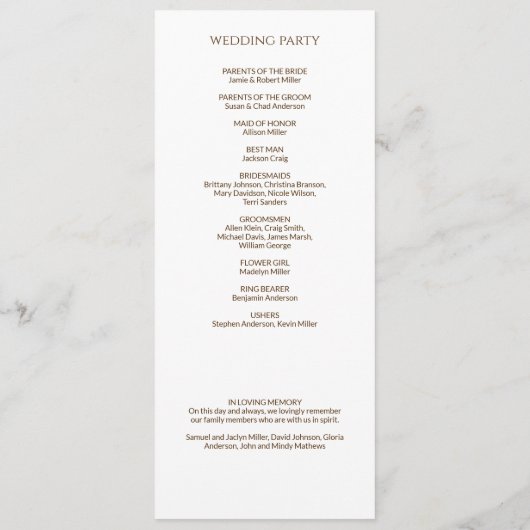 Elegante Moderne Wildflower Wit & Bronzen Bruiloft Programmakaart (Achterkant)