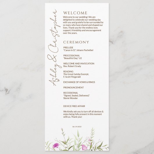 Elegante Moderne Wildflower Wit & Bronzen Bruiloft Programmakaart (Voorkant)