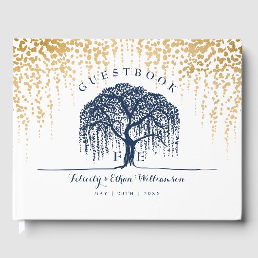 Elegante Moderne Wilgenboom Huwelijk Navy Blauwe G Gastenboek (Voorkant)