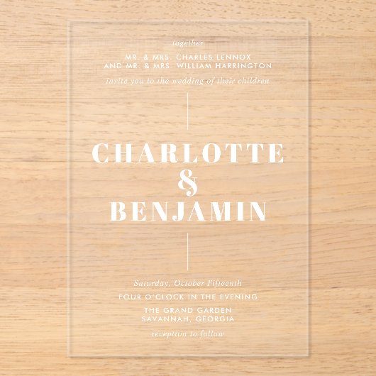 Elegante moderne witte bruiloft acryl uitnodigingen (Voorkant)