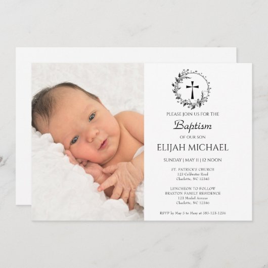 Elegante moderne witte foto doop uitnodiging (Voorkant / Achterkant)