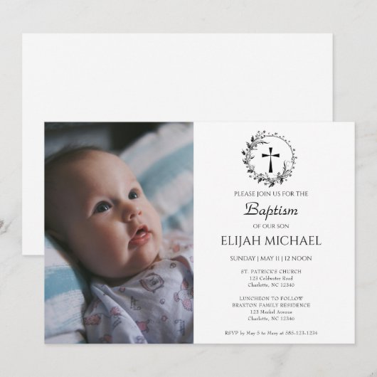 Elegante moderne witte foto doop uitnodiging (Voorkant / Achterkant)