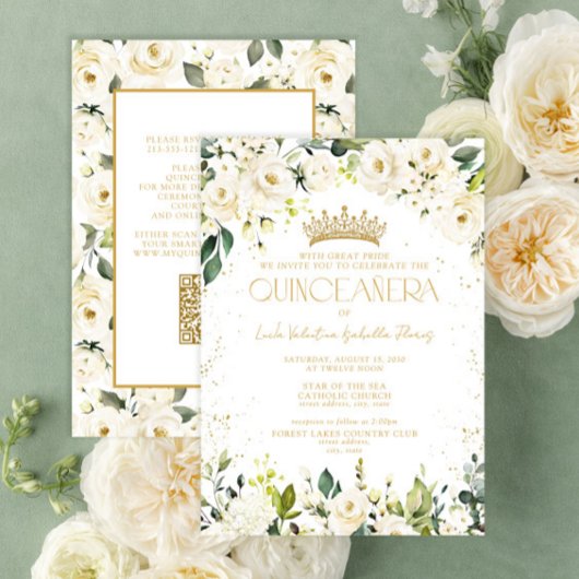 Elegante moderne witte gouden bloem QR Quinceañera Kaart