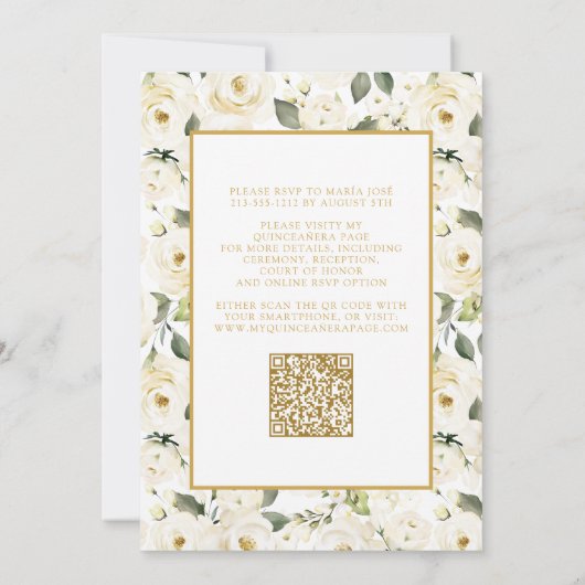 Elegante moderne witte gouden bloem QR Quinceañera Kaart (Achterkant)