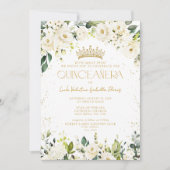 Elegante moderne witte gouden bloem Quinceañera Kaart (Voorkant)