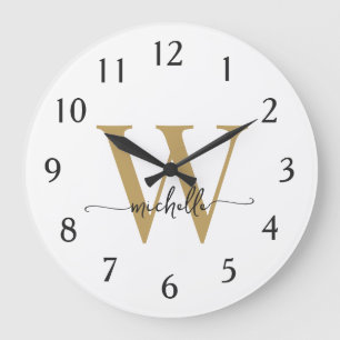 Elegante Moderne Witte Gouden Initiaal Naam Script Grote Klok