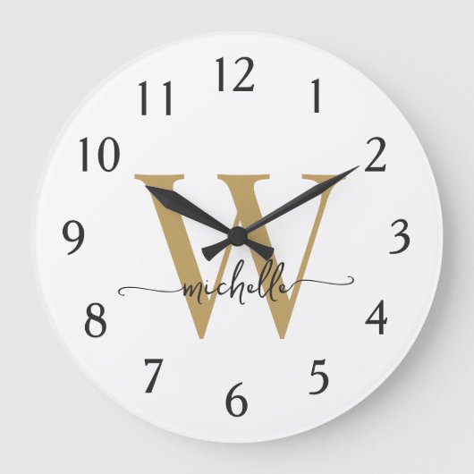Elegante Moderne Witte Gouden Initiaal Naam Script Grote Klok (Voorkant)