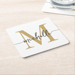 Elegante Moderne Witte Gouden Initiaal Naam Script Kartonnen Onderzetters