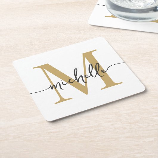 Elegante Moderne Witte Gouden Initiaal Naam Script Kartonnen Onderzetters (Schuin)