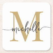 Elegante Moderne Witte Gouden Initiaal Naam Script Kartonnen Onderzetters (Voorkant)
