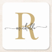 Elegante Moderne Witte Gouden Initiaal Naam Script Kartonnen Onderzetters (Voorkant)