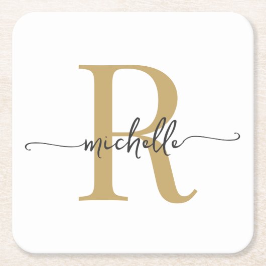 Elegante Moderne Witte Gouden Initialen Naam Scrip Kartonnen Onderzetters (Voorkant)