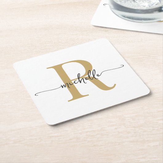 Elegante moderne witte gouden naam initials script kartonnen onderzetters (Schuin)