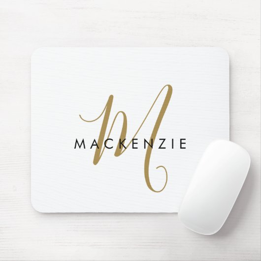 Elegante Moderne Witte Gouden Schreef Monogram Muismat (Met muis)