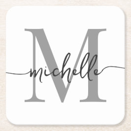Elegante Moderne Witte Grijze Monogram Naam Schrif Kartonnen Onderzetters