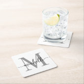 Elegante Moderne Witte Grijze Monogram Name Script Kartonnen Onderzetters (Insitu)