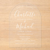 Elegante moderne witte handtekening script boog br acryl uitnodigingen (Voorkant)