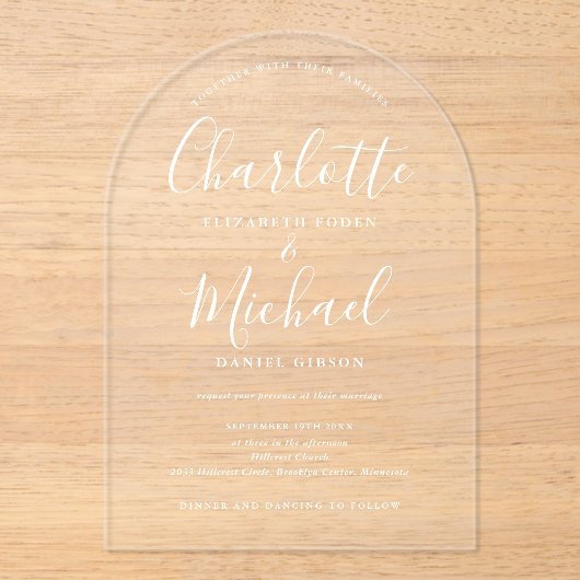 Elegante moderne witte handtekening script boog br acryl uitnodigingen (Voorkant)