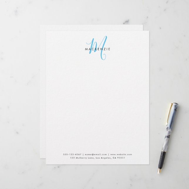 Elegante Moderne Witte Hemelblauwe Script Monogram Briefhoofd (Voorkant / Achterkant in situ)