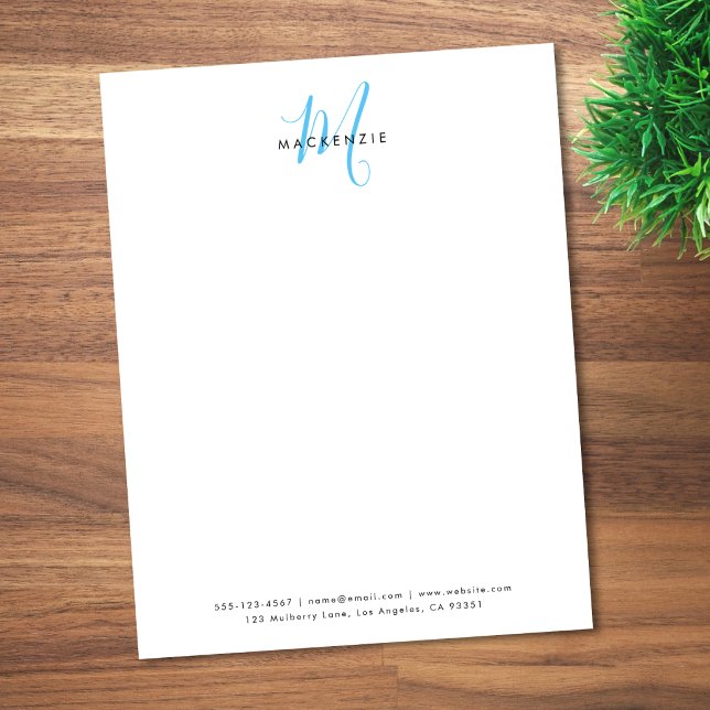 Elegante Moderne Witte Hemelblauwe Script Monogram Briefhoofd (Creator heeft geüpload)