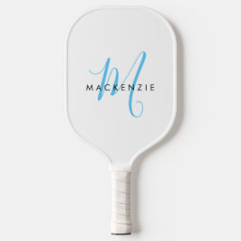 Elegante Moderne Witte Hemelblauwe Script Monogram Pickleball Paddle