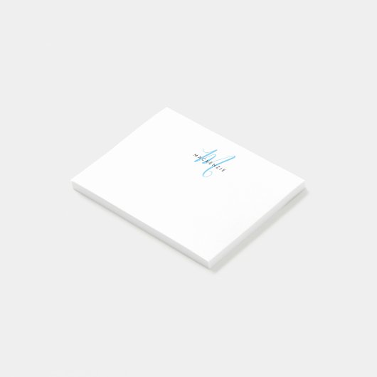 Elegante Moderne Witte Hemelblauwe Script Monogram Post-it® Notes (Schuin)