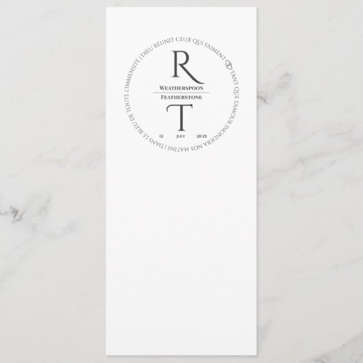 Elegante moderne witte houtskool monogram bruiloft menu (Voorkant)