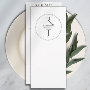 Elegante moderne witte houtskool monogram bruiloft menu