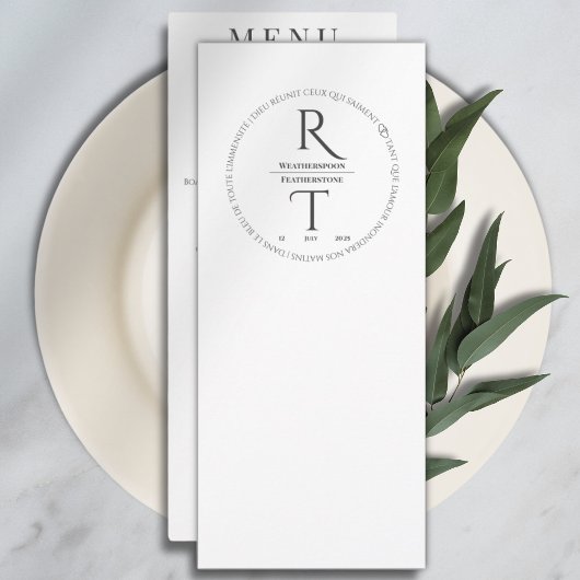 Elegante moderne witte houtskool monogram bruiloft menu