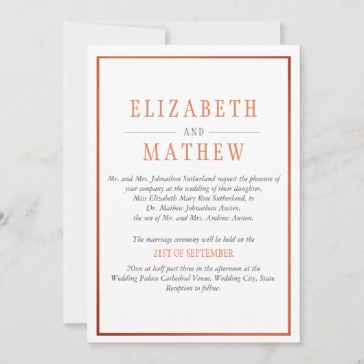 Elegante moderne witte koperen Sinaasappels bruilo Kaart (Voorkant)