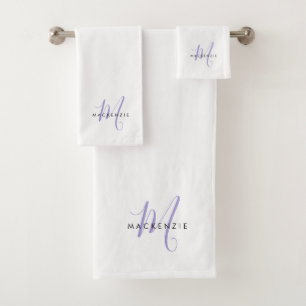 Elegante moderne witte lavendel script monogram bad handdoek