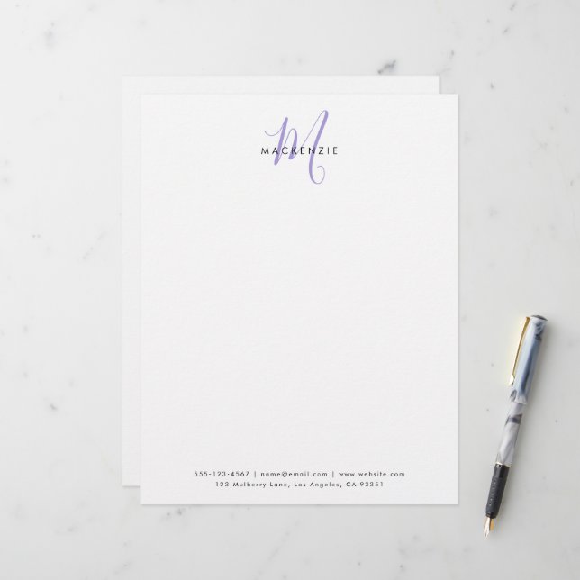 Elegante Moderne Witte Lavendel Script Monogram Briefhoofd (Voorkant / Achterkant in situ)