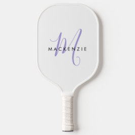 Elegante moderne witte lavendel script monogram pickleball paddle