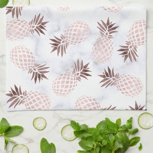 elegante moderne witte marmer roos gouden anananas theedoek (Gevouwen)