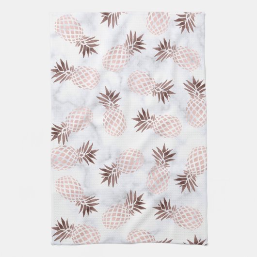 elegante moderne witte marmer roos gouden anananas theedoek (Verticaal)