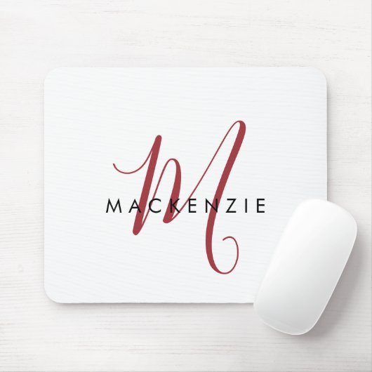 Elegante Moderne Witte Rode Script Monogram Muismat (Met muis)